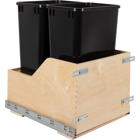 Hardware Resources Dbl 50 Quart Wood Bottom-Mount Soft-Close Trashcan Rollout For Door Mounting, Includes 2 Black Cans CDM-WBMD5018B